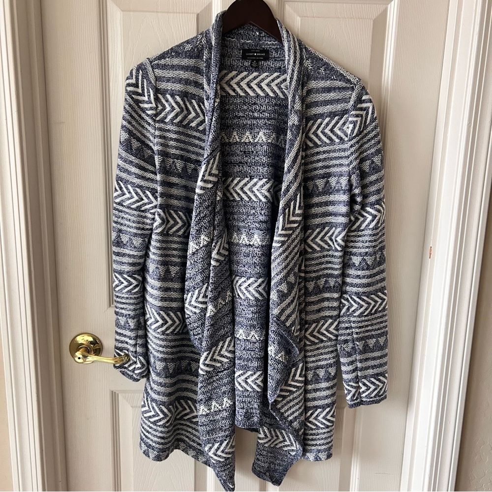 Lucky Brand Open Front Knit Cardigan Sweater Blue White Southwest Western